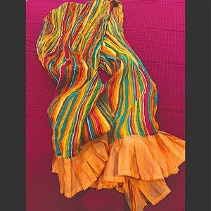 6 foot scarf of astonishing vibrancy ruffled edges multi colored linear stripes
